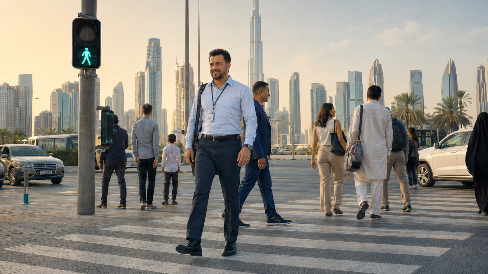 Wait for Green: a pedestrian at a Dubai crossing